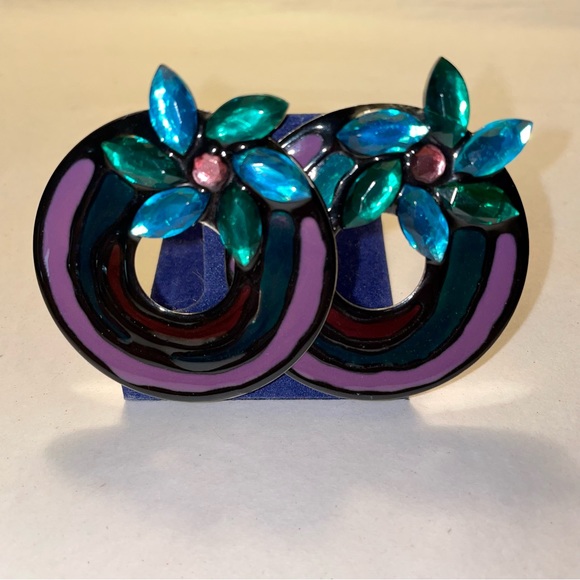 VINTAGE : 80s La Rage Modernist Mixed Materials Pierced Earrings - Picture 2 of 10